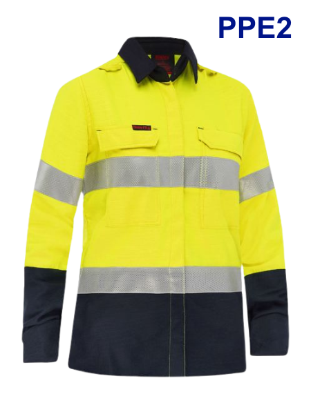 PPE2 Apex 185 Womens Taped Hi Vis FR 16 Yellow/Navy NZS Logoed Vented Shirt