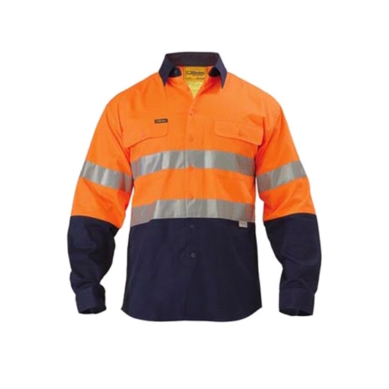 Bisley Two Tone Hi-Vis Mens Long Sleeve Cotton -  Orange/Navy