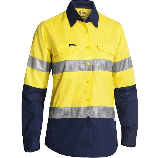 Bisley Women’s Taped Hi-Vis X Airflow Ripstop Shirt - Yellow/Navy