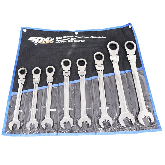 8pce Flexhead Geardrive Ring and Open End Spanner Set - Metric - SP Tools